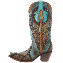 Corral Women's Tan Embroidery-Turquoise Overlay 13 In Top Snip Toe Boot -Denim Equipment Store C3943 03