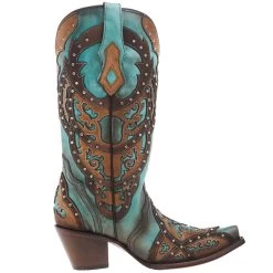 Corral Women's Tan Embroidery-Turquoise Overlay 13 In Top Snip Toe Boot -Denim Equipment Store C3943 05